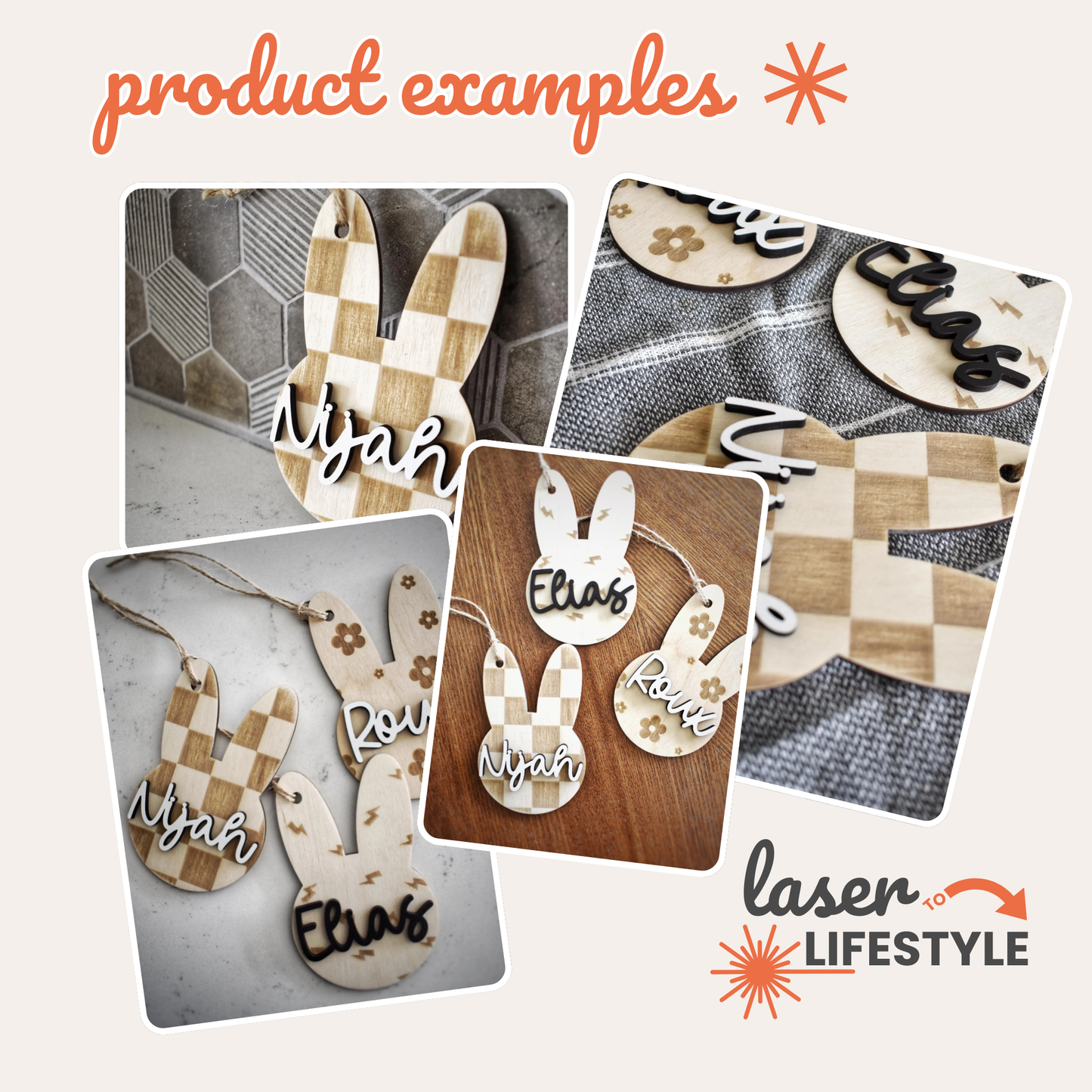 Personalizable Checkered Bunny Easter Basket Tag | Digital Laser File