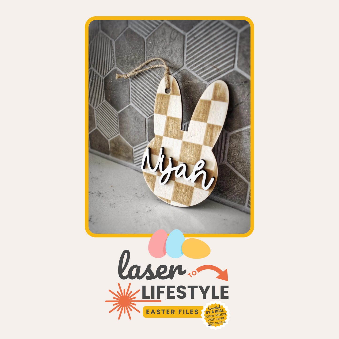 Personalizable Checkered Bunny Easter Basket Tag | Digital Laser File
