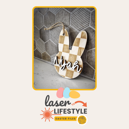 Personalizable Checkered Bunny Easter Basket Tag | Digital Laser File