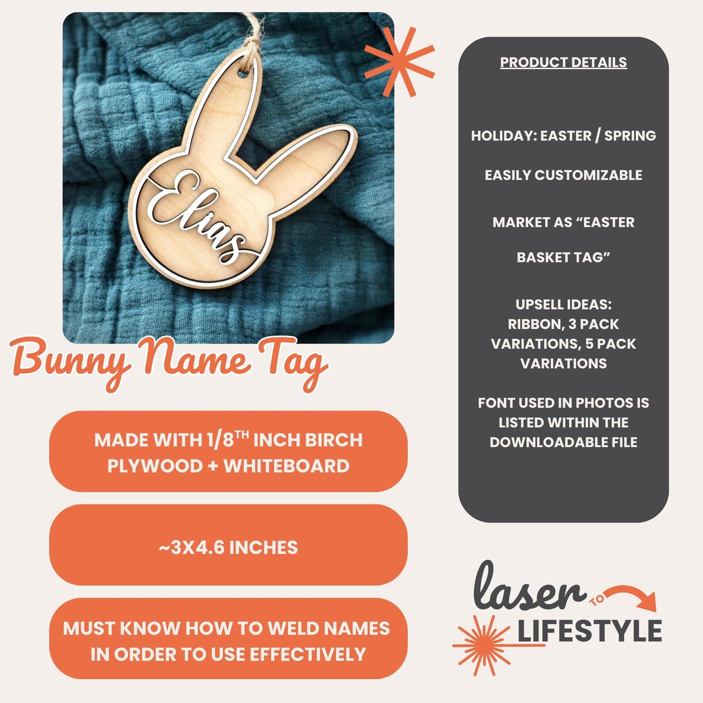 Personalizable Bunny Easter Basket Tag | Digital Laser File