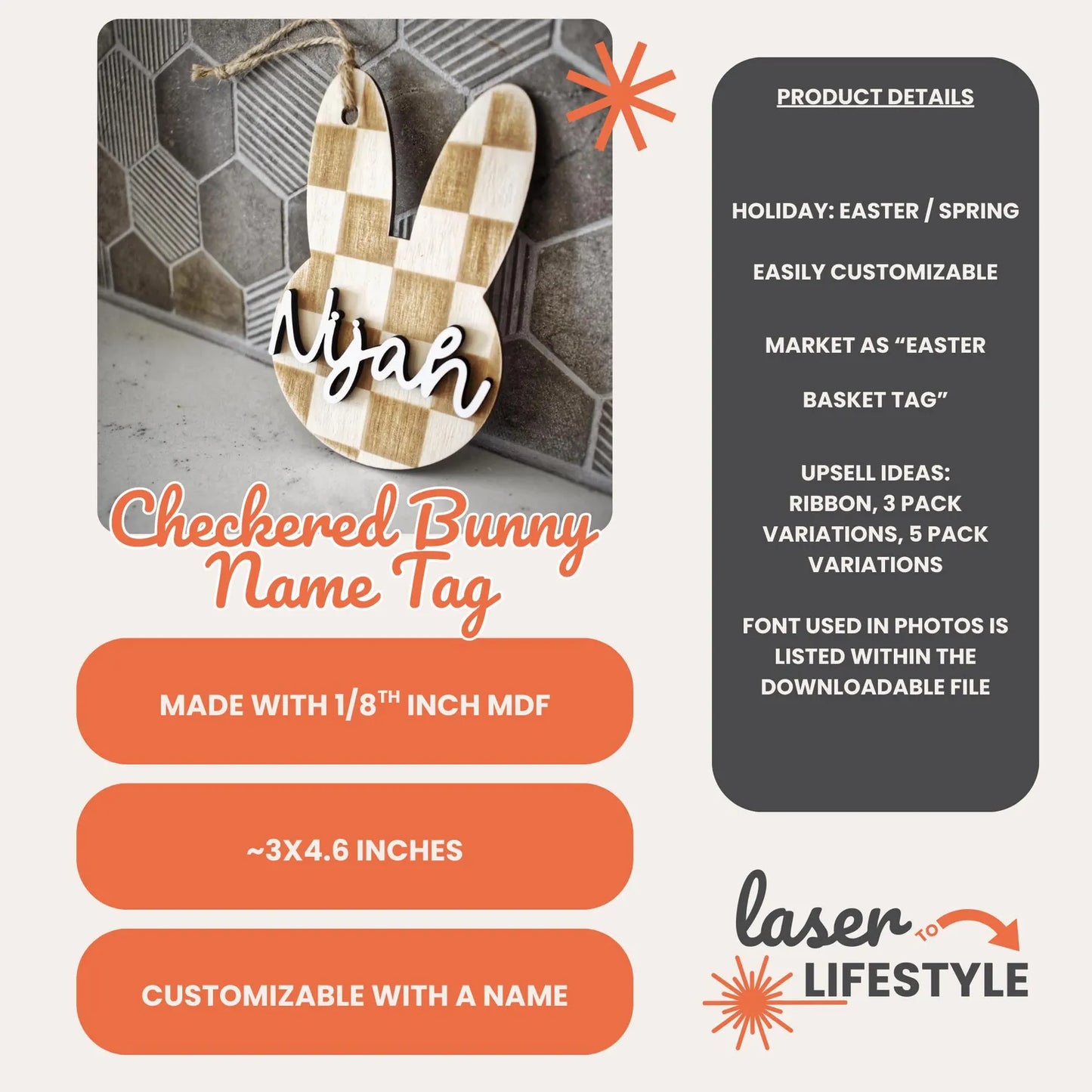 Personalizable Checkered Bunny Easter Basket Tag | Digital Laser File
