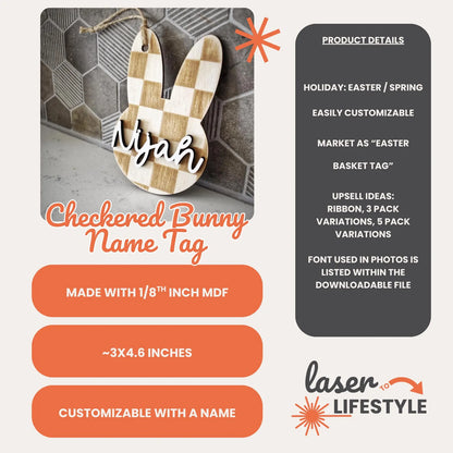 Personalizable Checkered Bunny Easter Basket Tag | Digital Laser File
