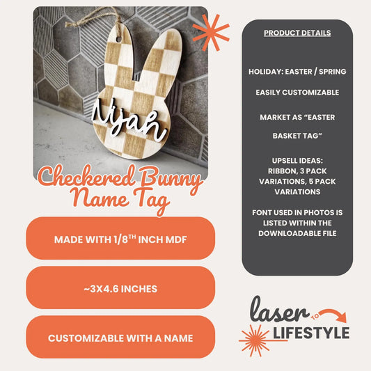 Personalizable Checkered Bunny Easter Basket Tag | Digital Laser File
